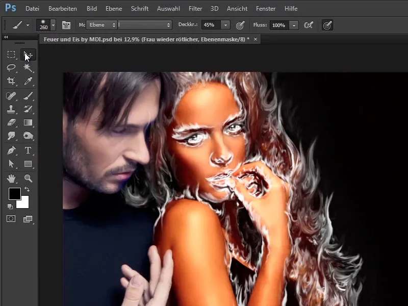 Photoshop composing - Fire and ice - Part 04: Darkening the background and preparing the colors