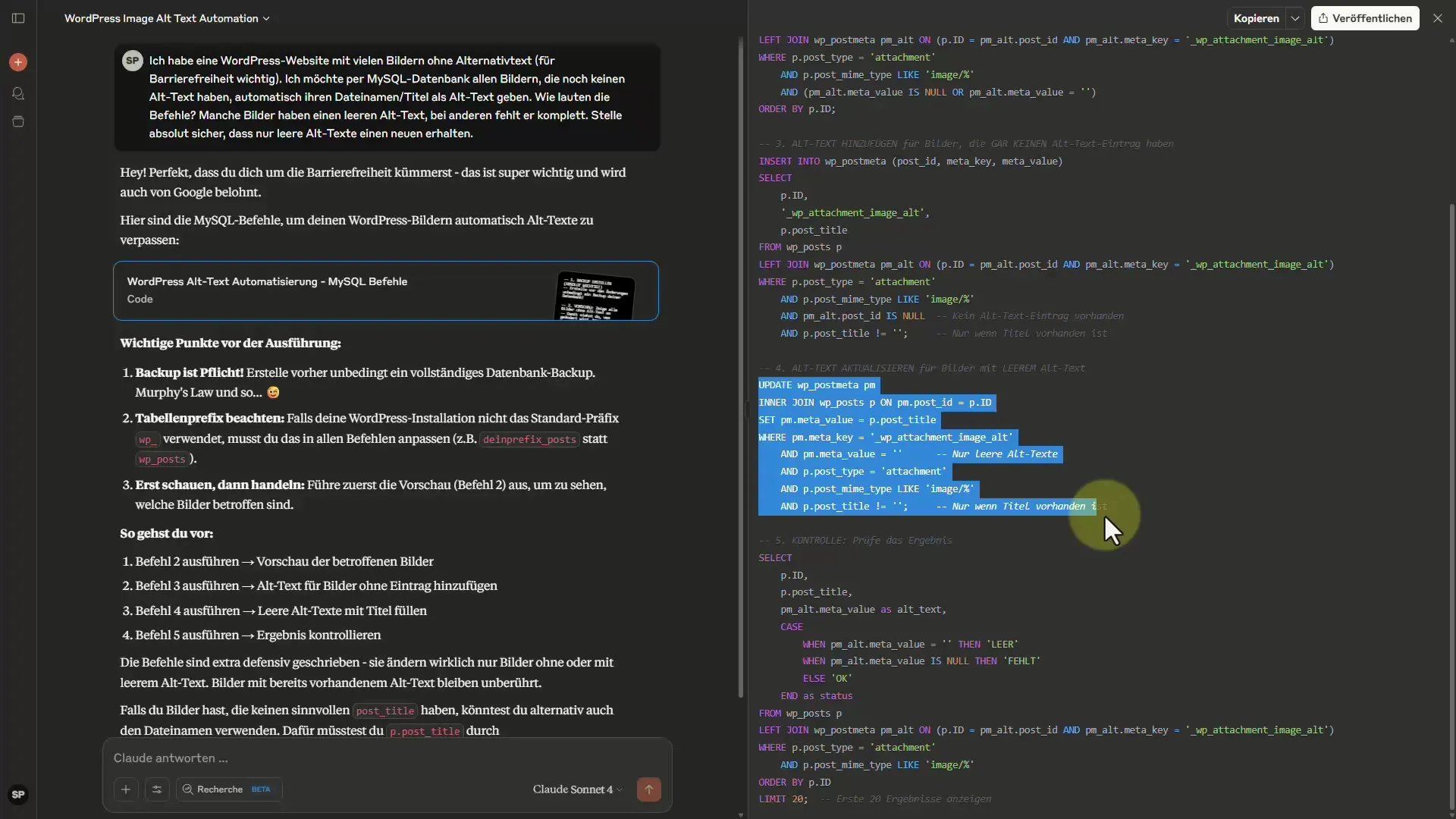 Comandi MySQL automatizzati in WordPress con Claude AI Comandi MySQL automatizzati in WordPress con Claude AI