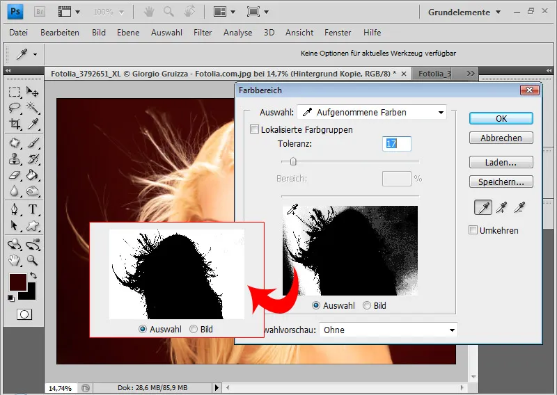 Recortar el pelo con selecciones de gamas de colores y difuminados de gamas de colores