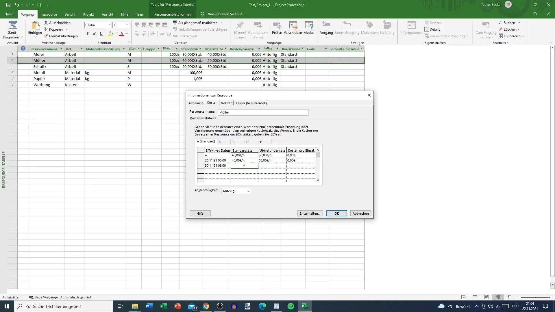 MS Projectの特別なコスト率
