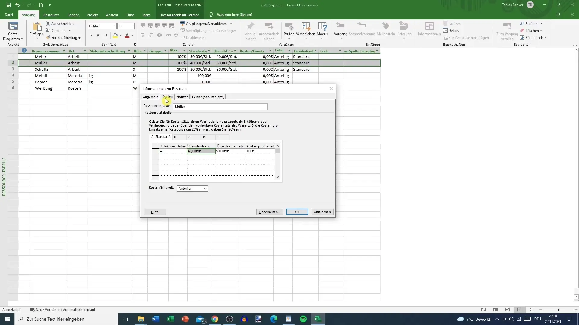 MS Projectにおける特別料金設定