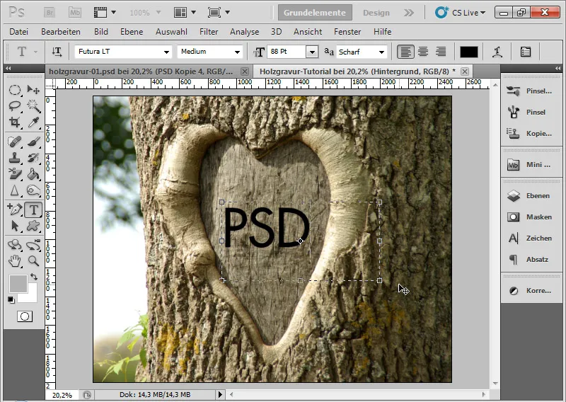 Graveringseffekt i tre for typografi og layout