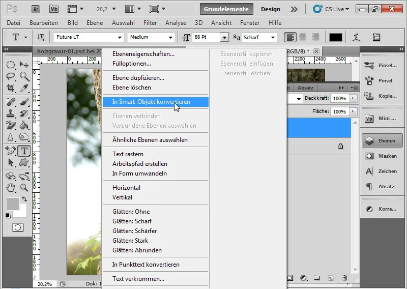 Graveringseffekt i tre for typografi og layout
