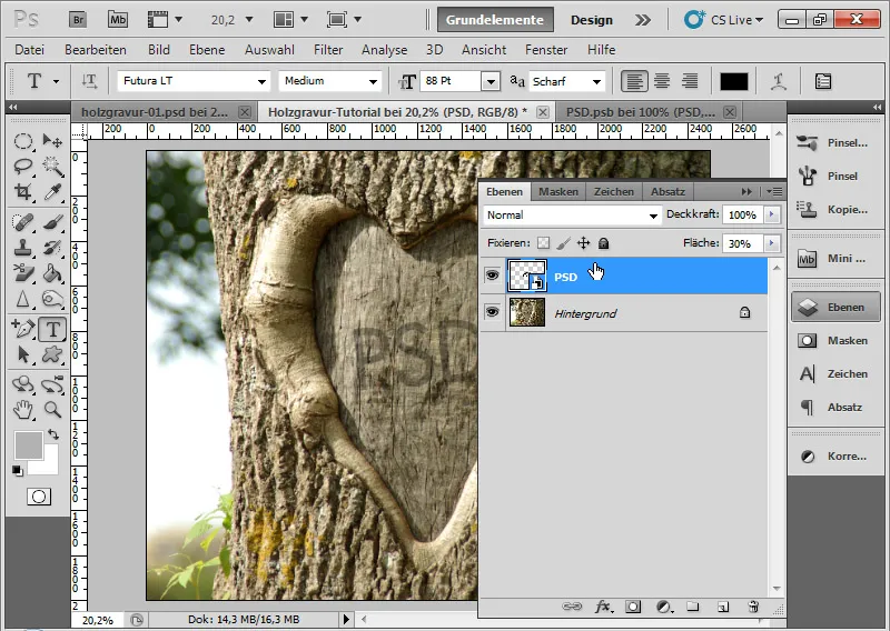 Graveringseffekt i tre for typografi og layout