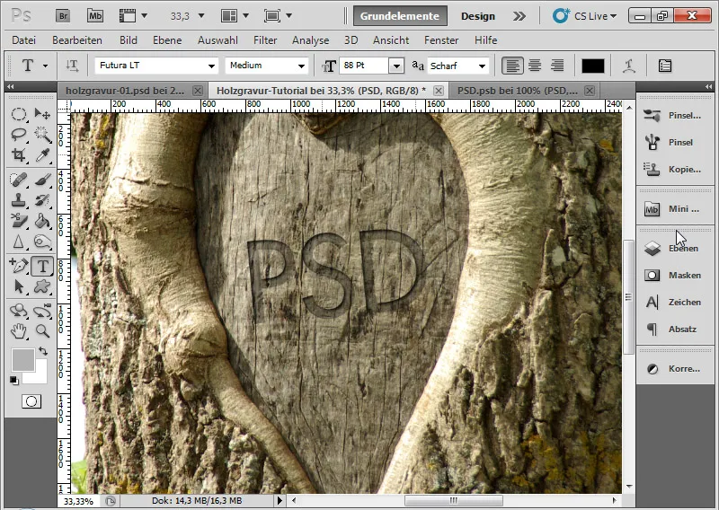 Graveringseffekt i tre for typografi og oppsett