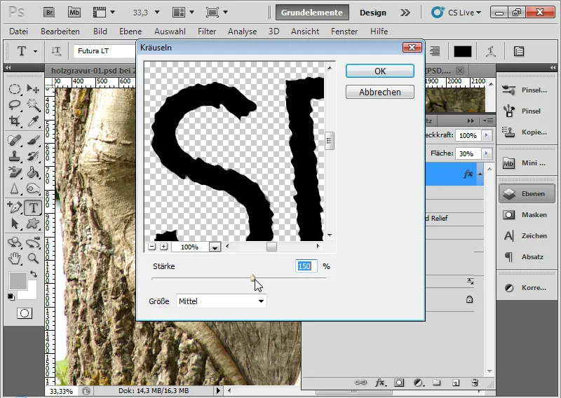 Graveringseffekt i tre for typografi og layout