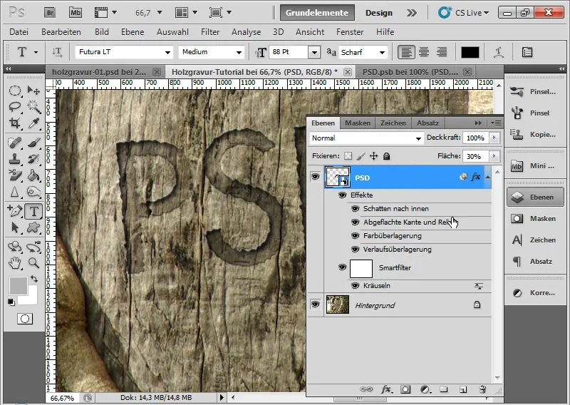 Graveringseffekt i tre for typografi og layout