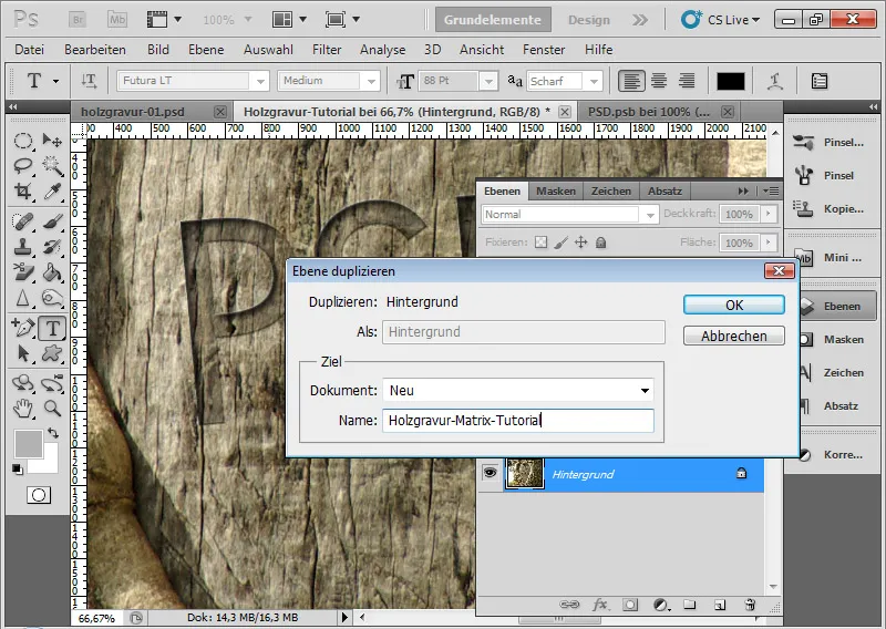 Gravyreffekt i tre for typografi og layout