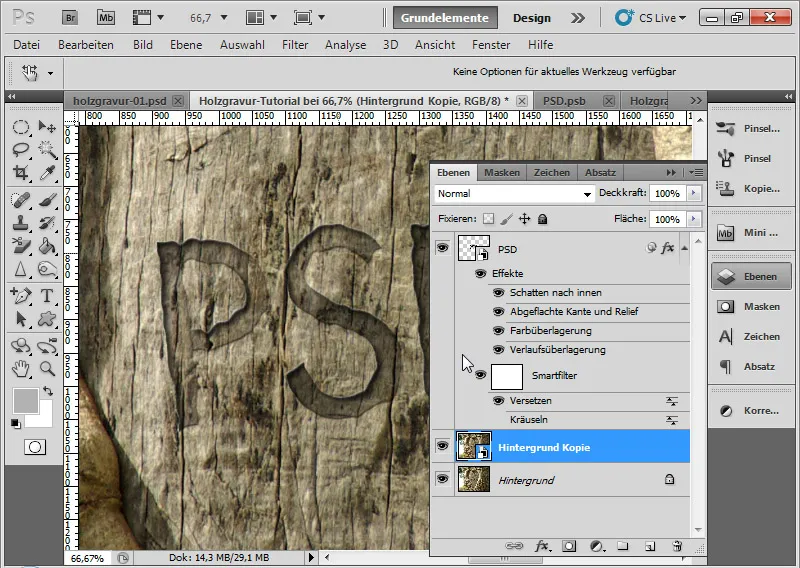 Graveringseffekt i tre for typografi og layout