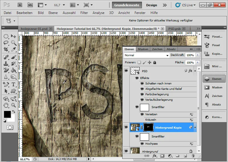 Graveringseffekt i tre for typografi og layout