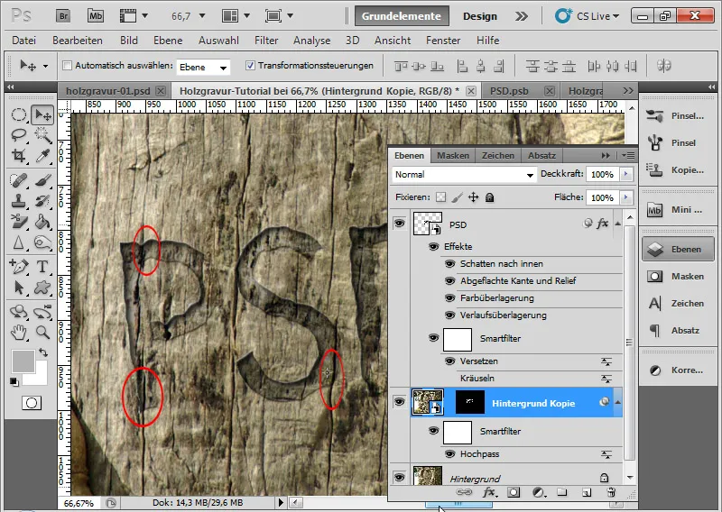 Graveringseffekt i tre for typografi og layout