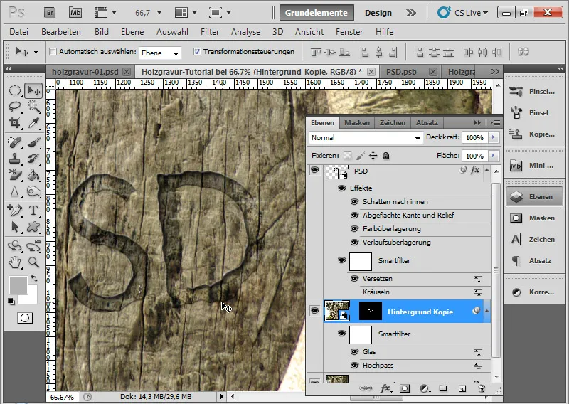Graveringseffekt i tre for typografi og layout