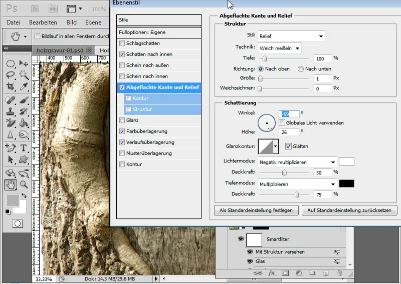 Graveringseffekt i tre for typografi og layout