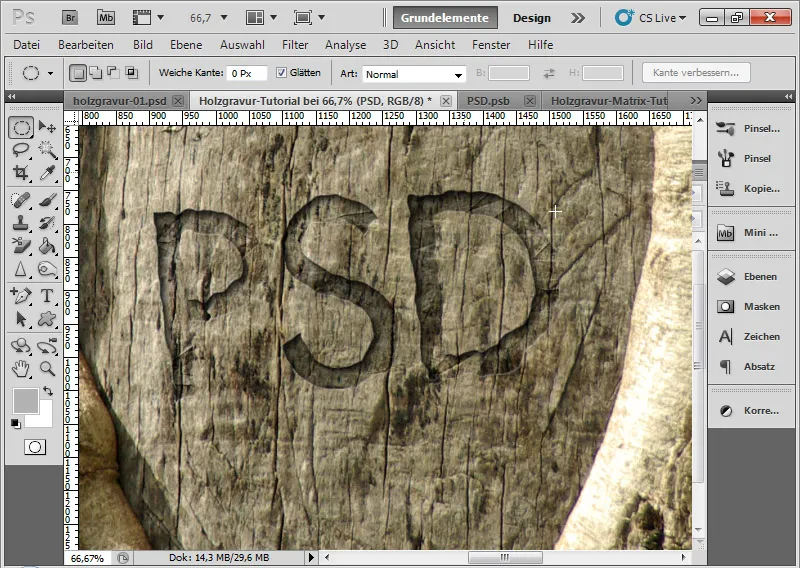 Graveringseffekt i tre for typografi og layout