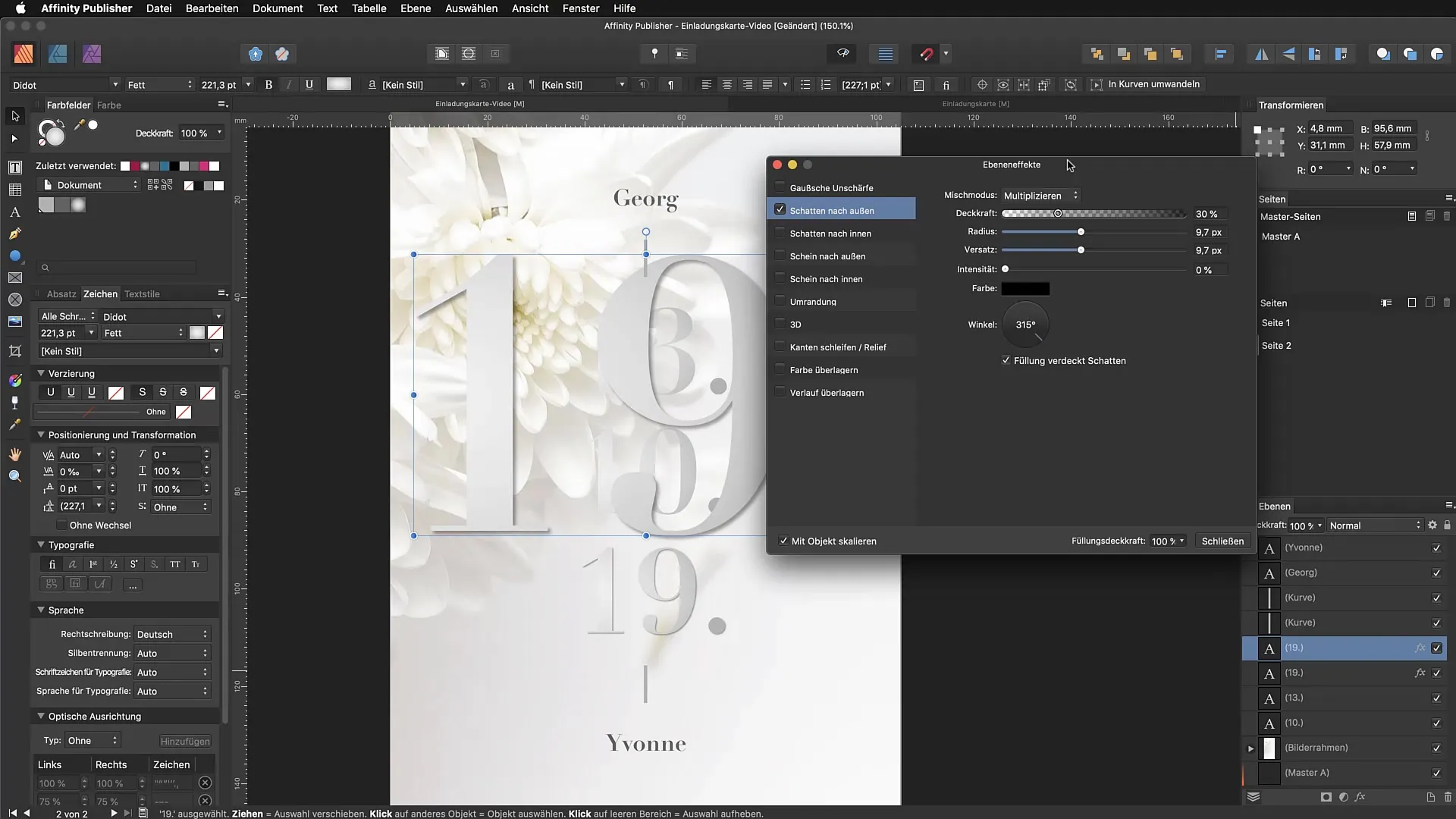 Schlagschatten effektiv eingesetzt im Affinity Publisher