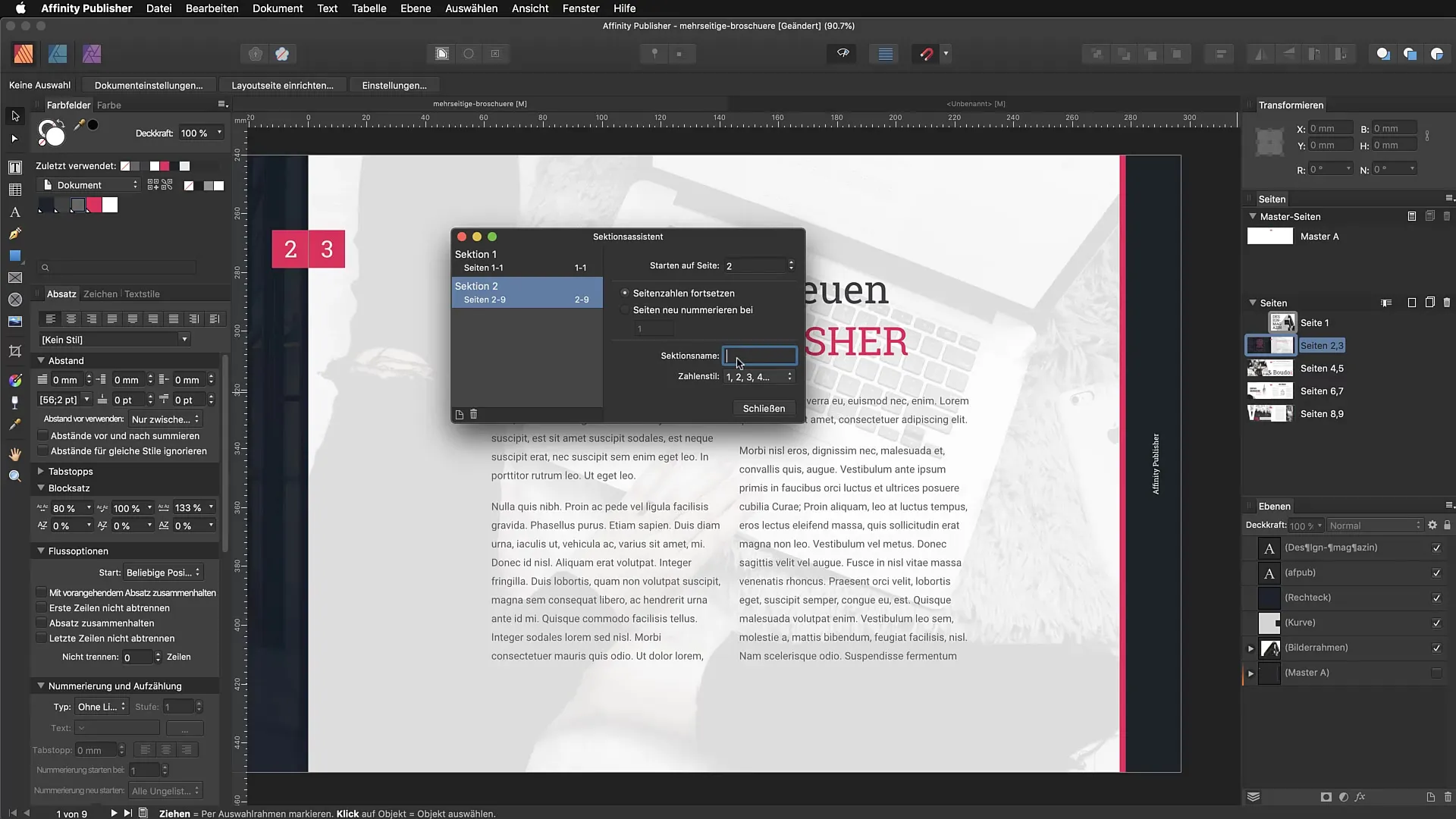 Sektionsassistent in Affinity Publisher: Strukturiere deine Dokumente effektiv