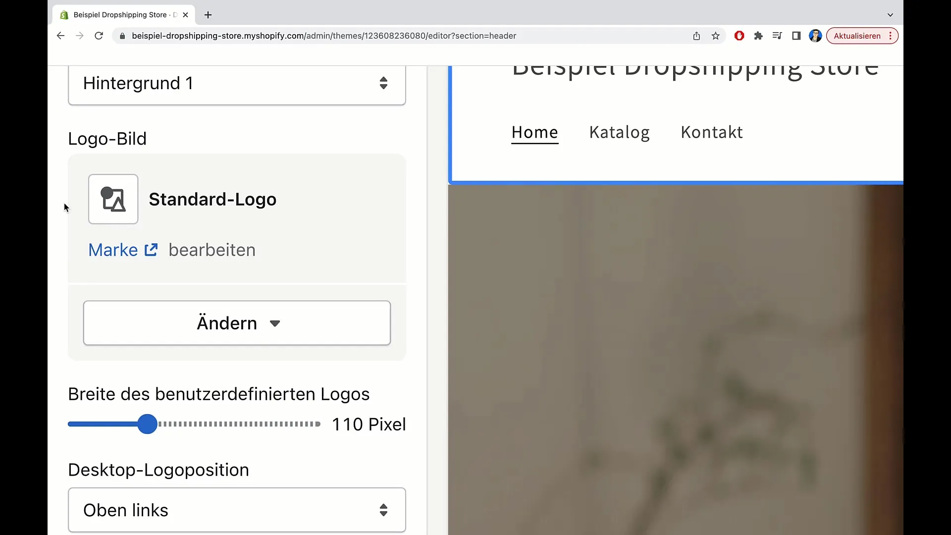 Rubrik och meny enkelt redigerade i Shopify