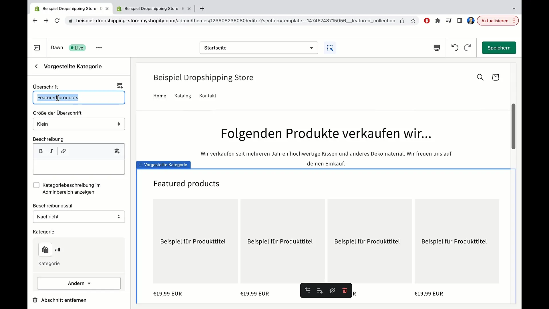 Produkte auf der Hauptseite von Shopify automatisiert einfügen