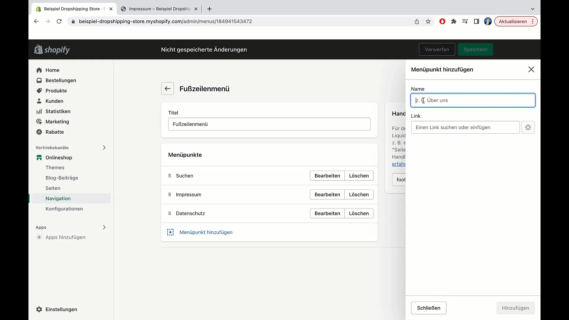 E-handelskurs: Lägg till Impressum, villkor och dataskyddsförklaring i Shopify