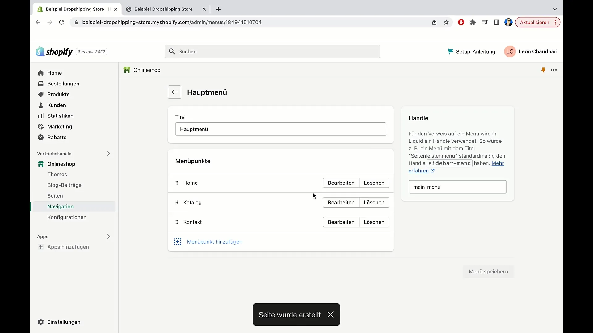 Anvisningar för att anpassa huvudmenyn i Shopify
