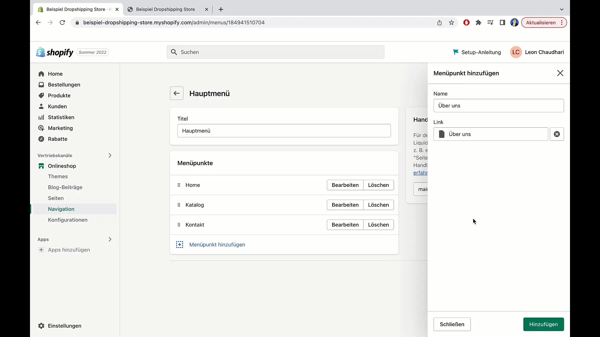Instruktioner för att anpassa huvudmenyn i Shopify