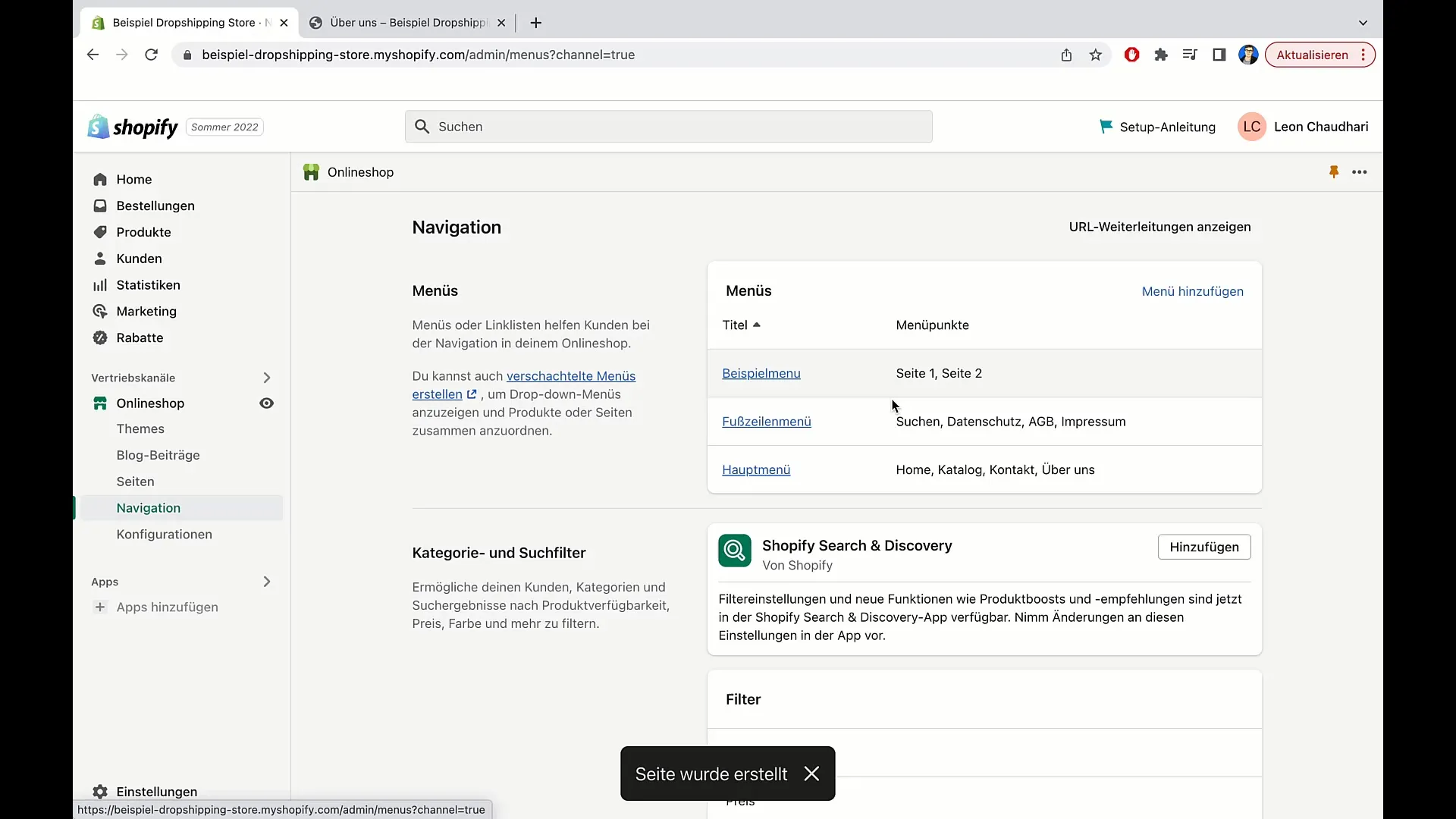 Instruktioner för att anpassa huvudmenyn i Shopify