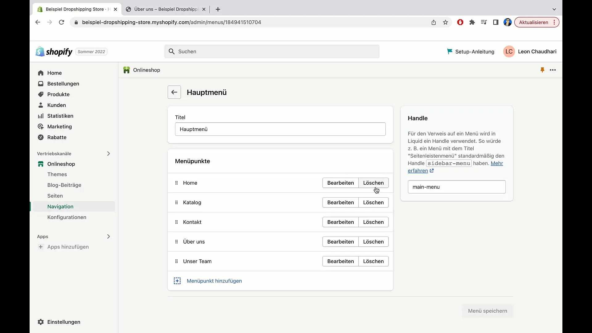 Instruktioner för att anpassa huvudmenyn i Shopify
