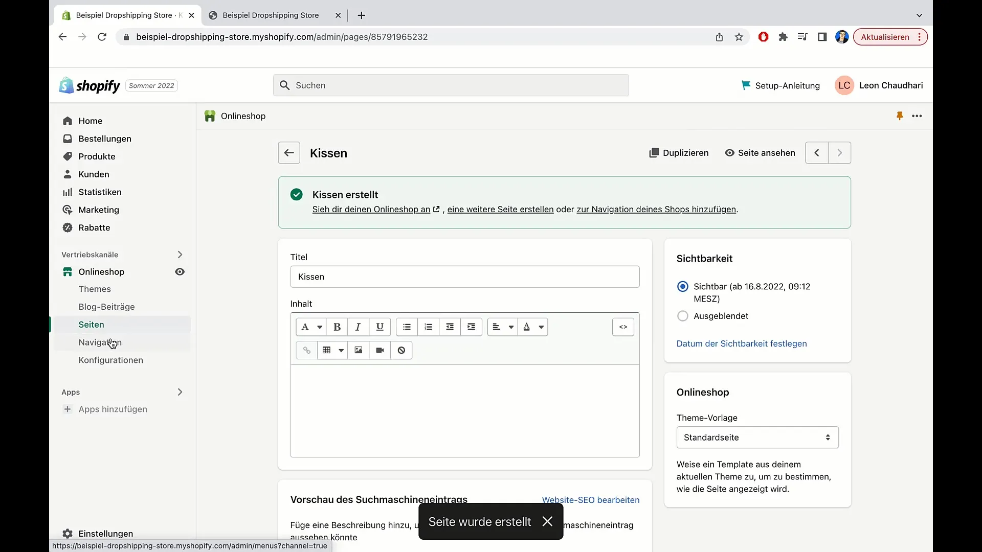 Instruktioner för att anpassa huvudmenyn i Shopify