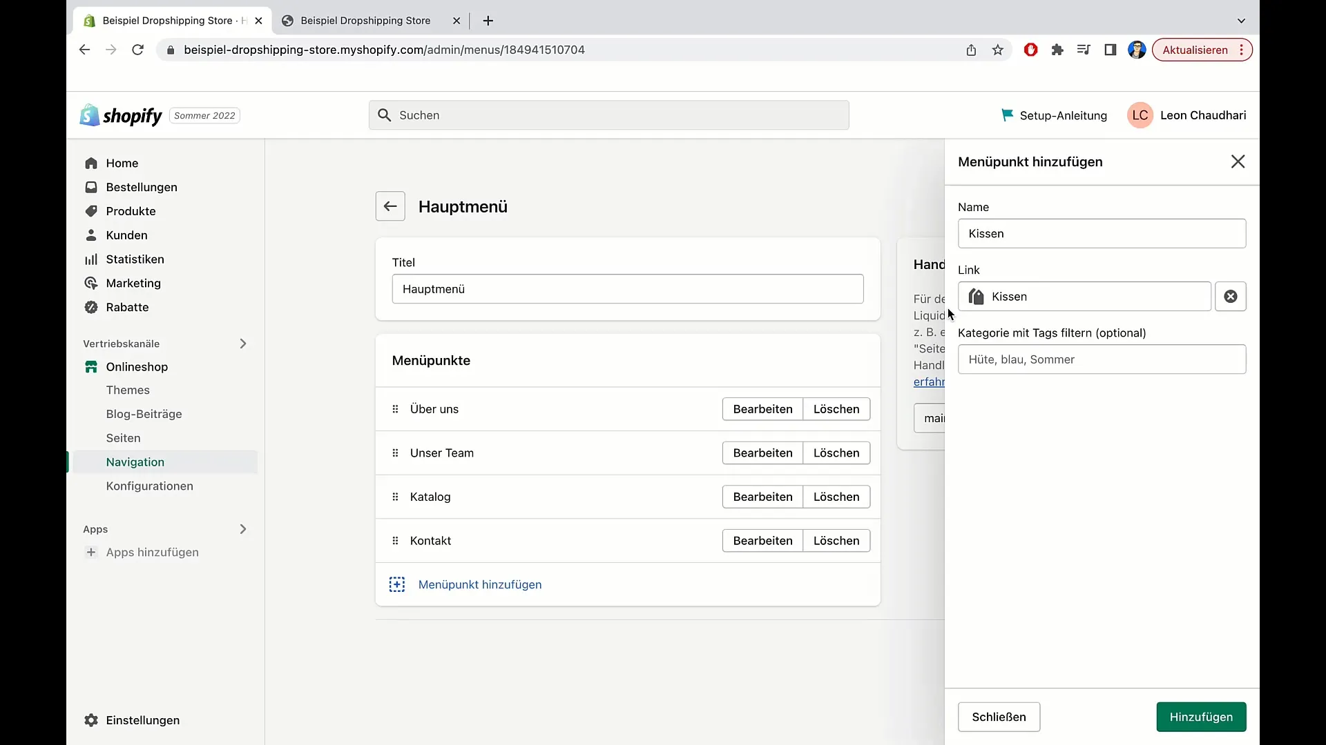 Instruktioner för att anpassa huvudmenyn i Shopify