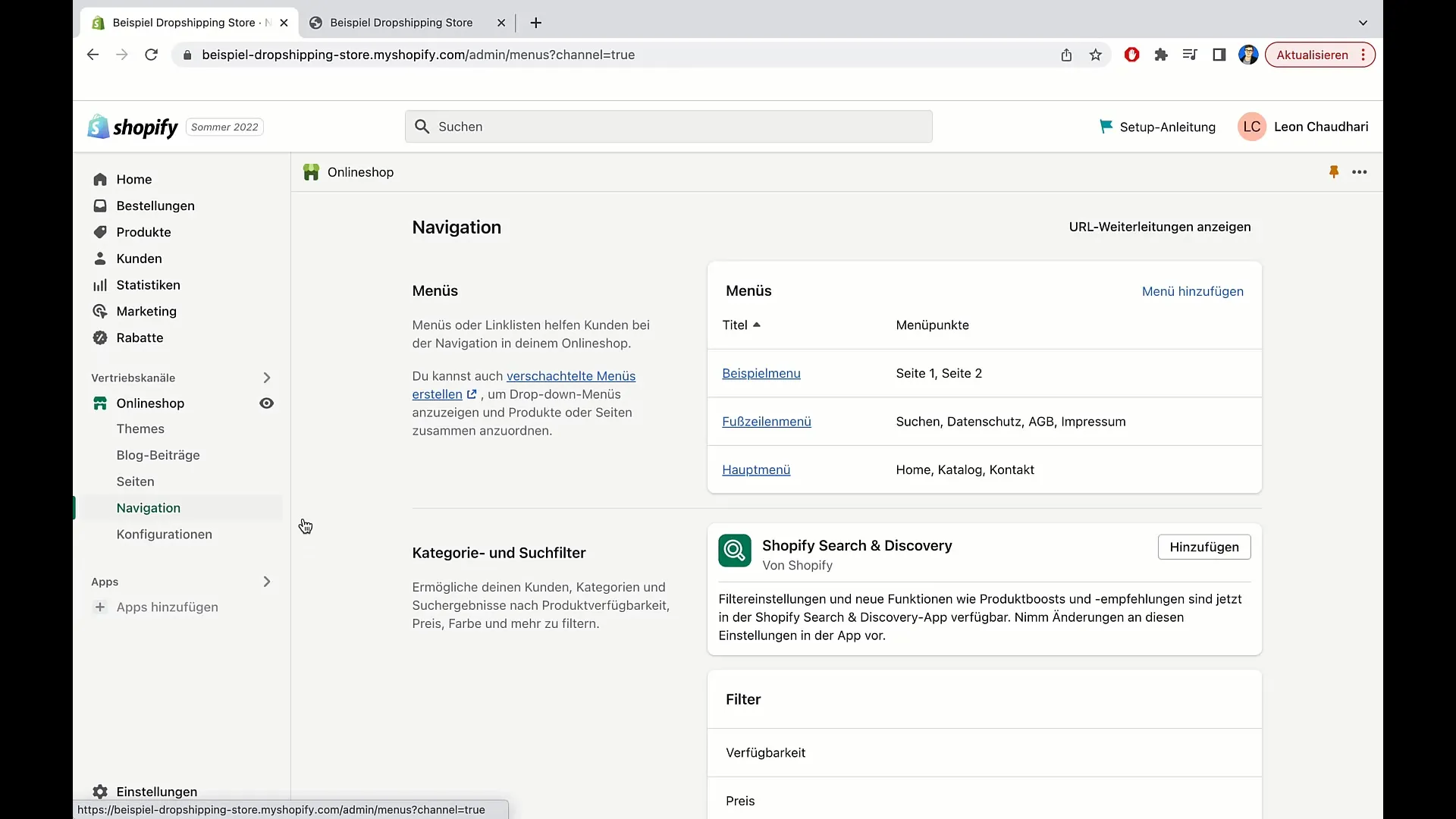 Instruktioner för att anpassa huvudmenyn i Shopify