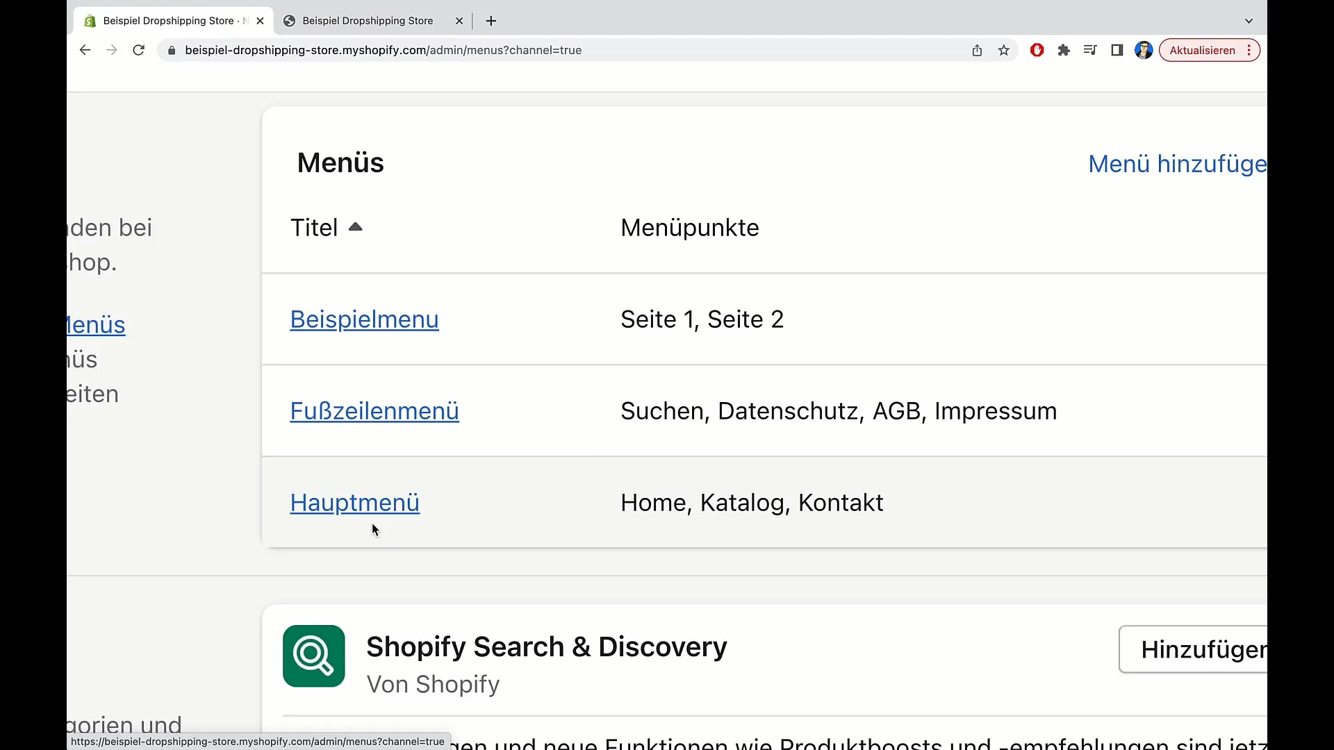 Instruktioner för att anpassa huvudmenyn i Shopify