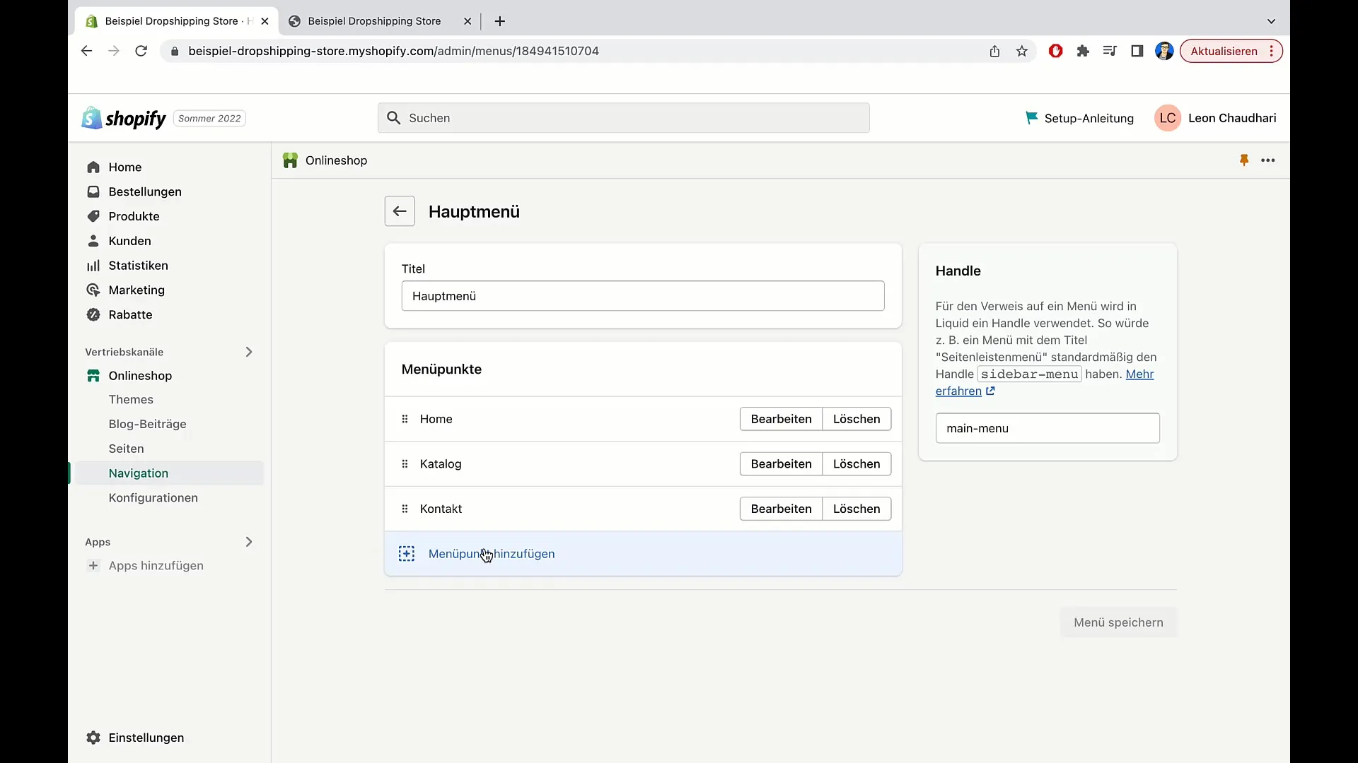 Instruktioner för att anpassa huvudmenyn i Shopify