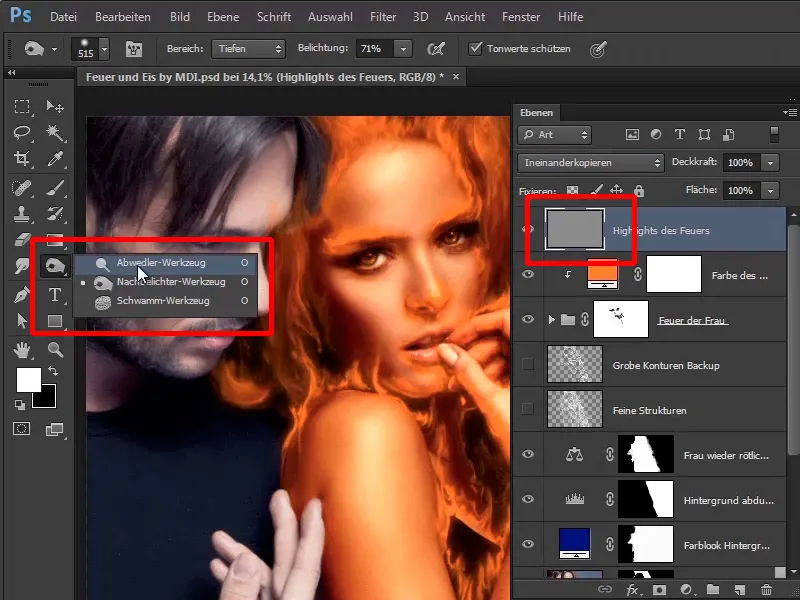 Photoshop composing - Fire and ice - Part 05: Making the fire glow