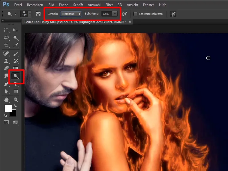 Photoshop composing - Fire and ice - Part 05: Making the fire glow