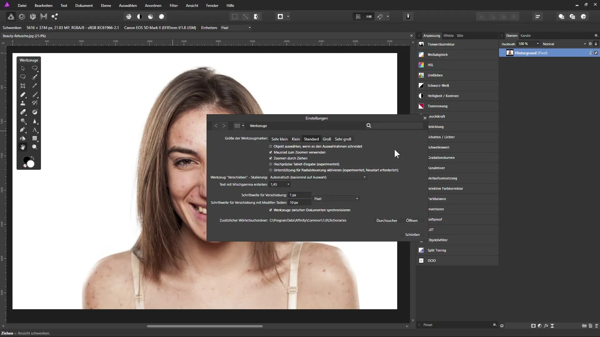 Voreinstellungen für die Beauty-Retusche in Affinity Photo