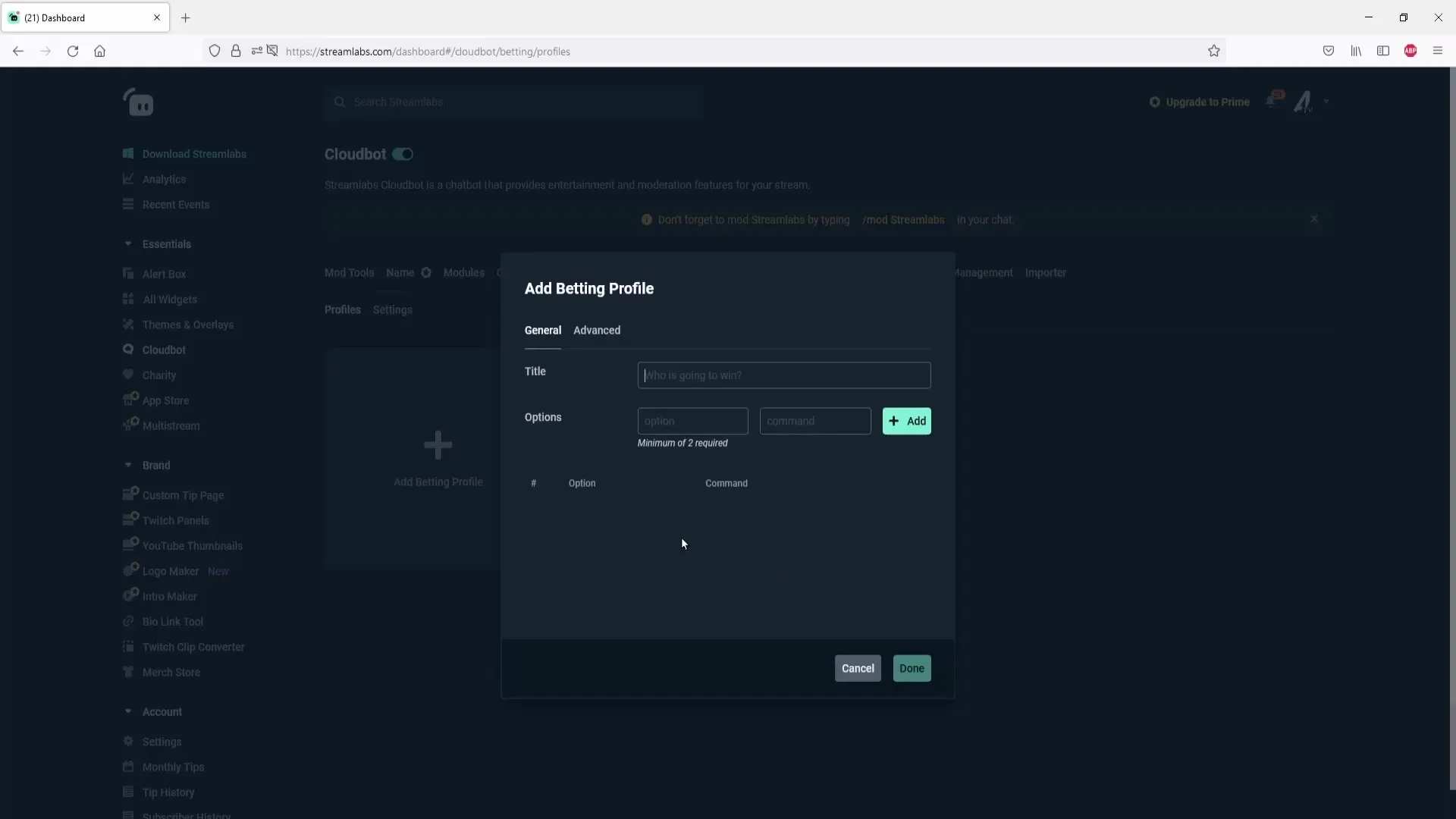 Configurar apuestas en Streamlabs OBS - Guía paso a paso
