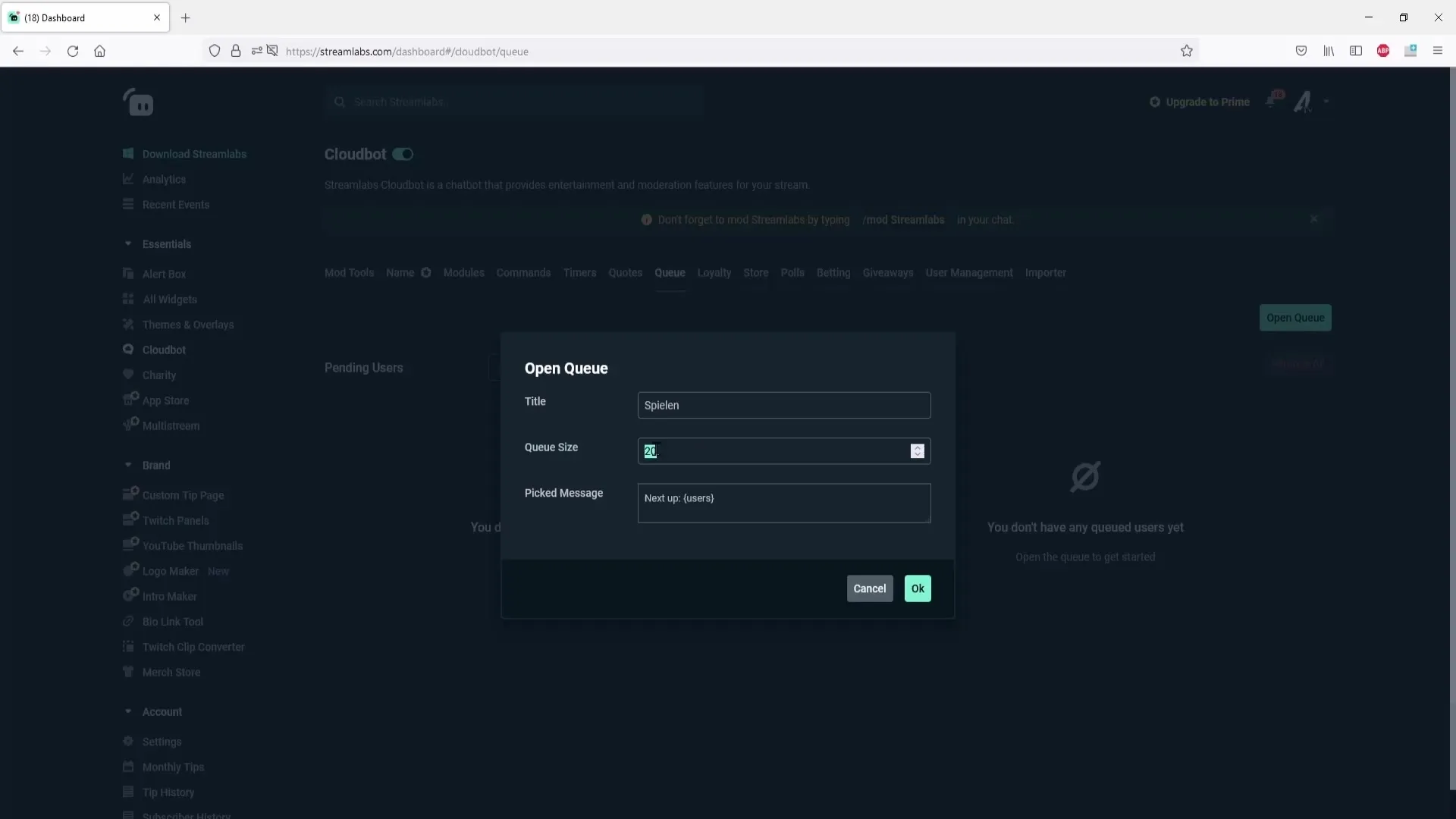 Crear y gestionar colas en Streamlabs OBS