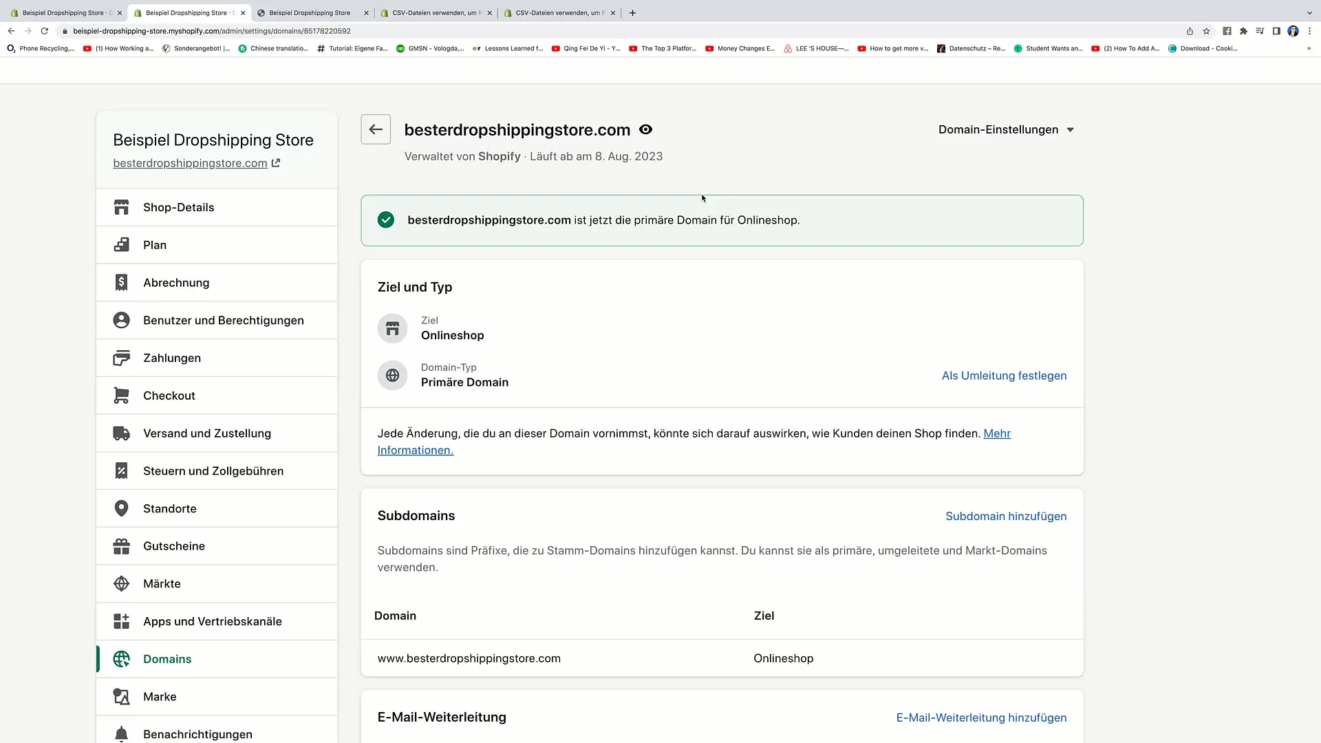 Ställ in primärt domän i Shopify