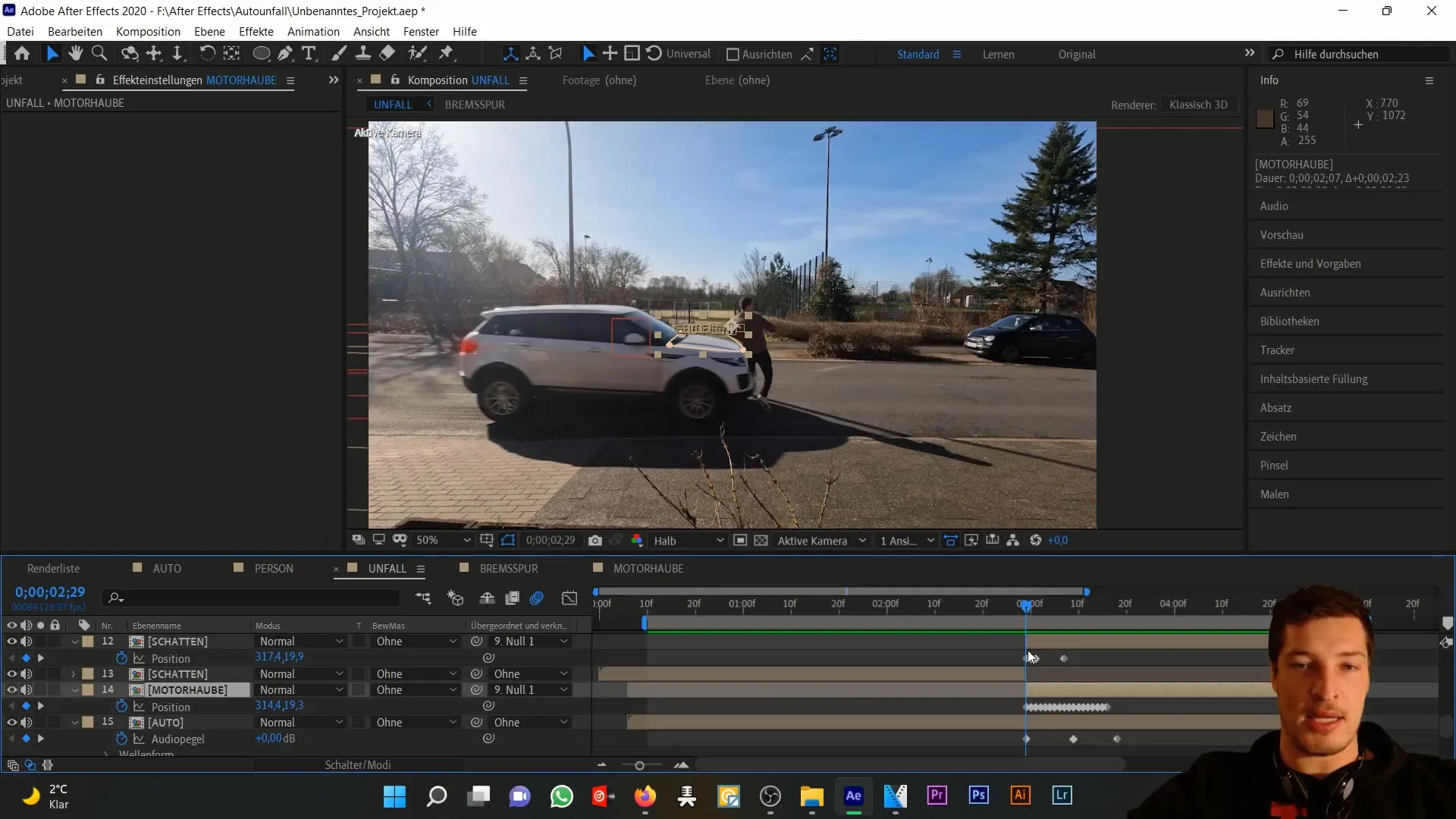 Realistische Simulation eines Schadens an der Motorhaube in After Effects