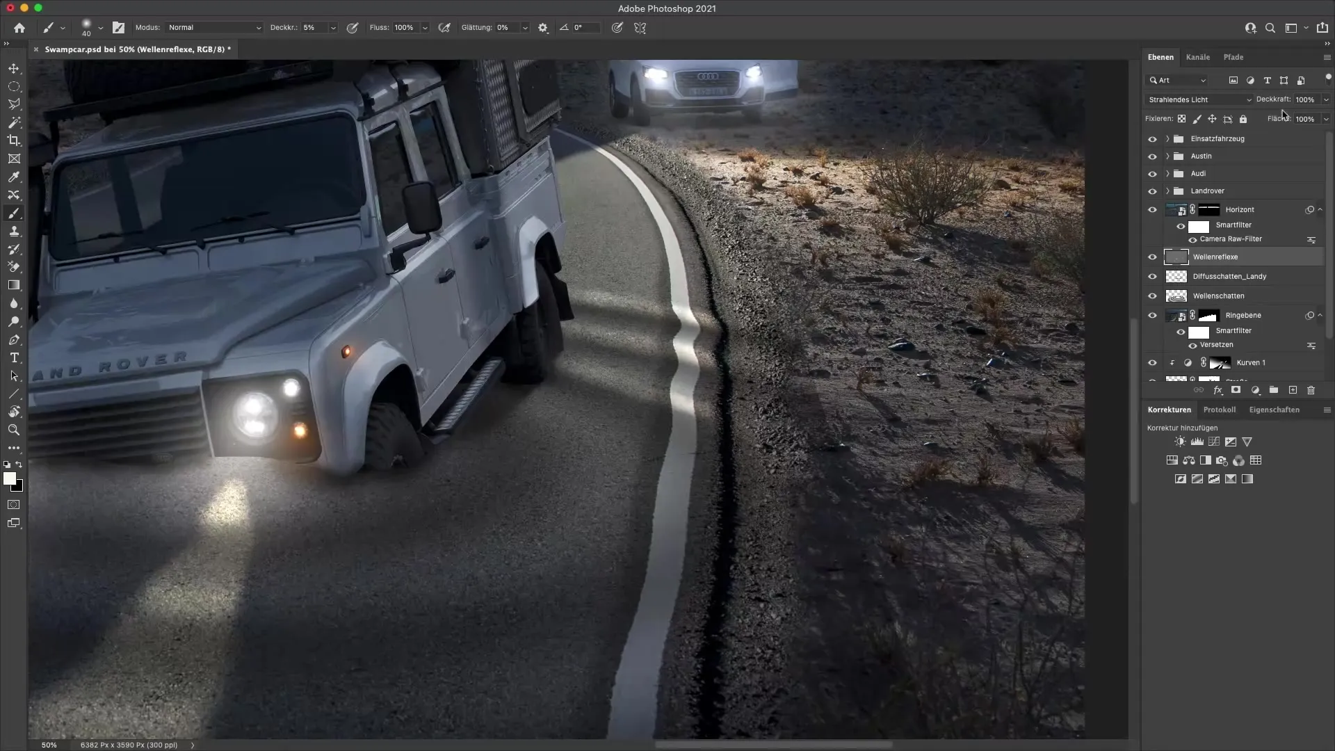 Refleksi cahaya pada gelombang yang dilukis dengan benar di Photoshop