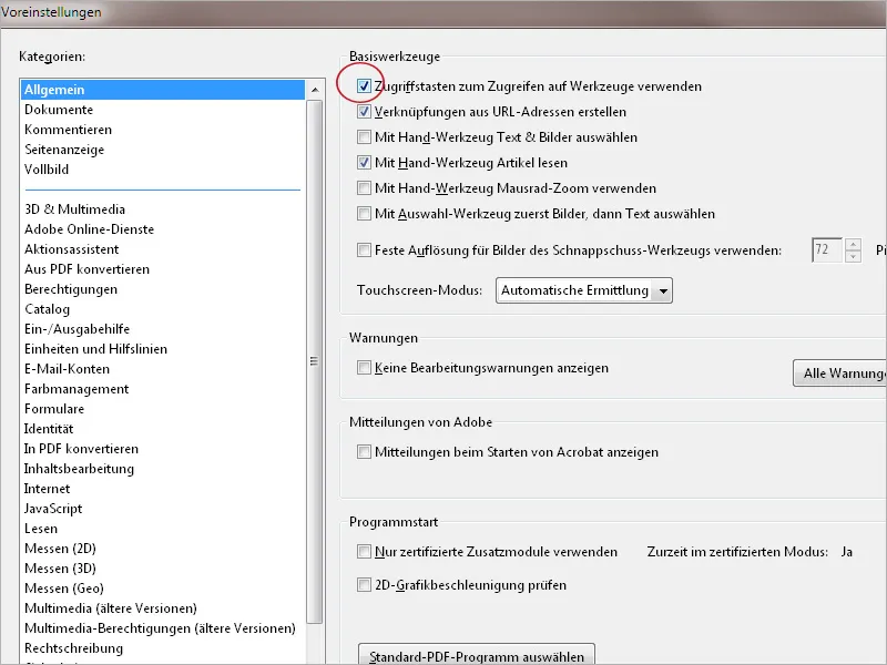 Tastaturbefehle in Acrobat