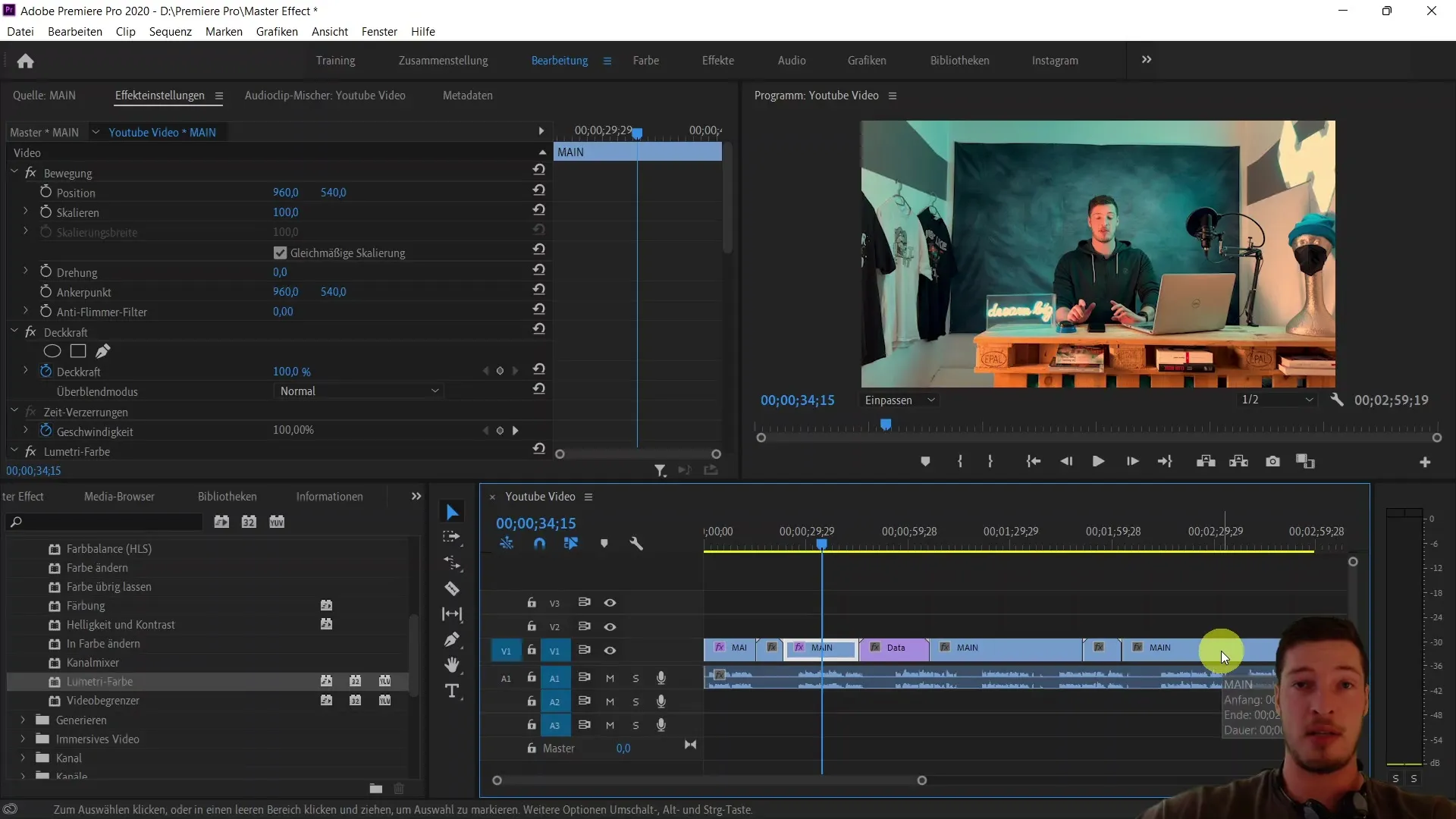 Edición de vídeos eficiente con la pestaña Maestra en Adobe Premiere Pro