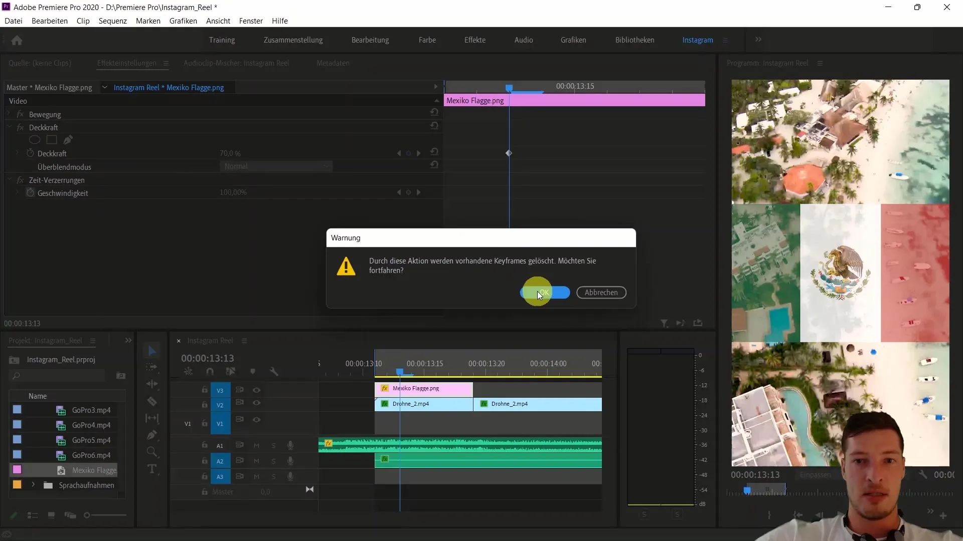 Adobe Premiere Proでのビデオ編集：メキシコの国旗を挿入し、トラックマットエフェクトを使用する