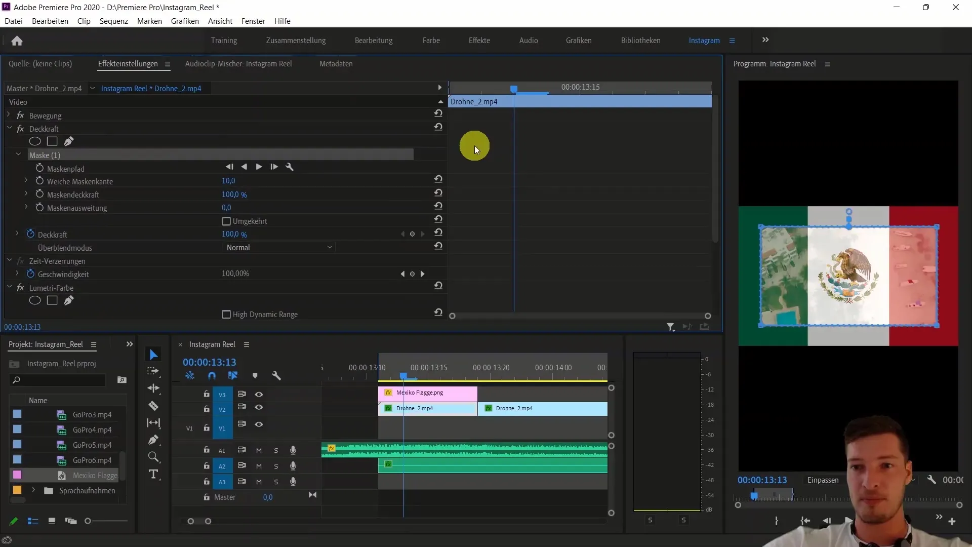 Adobe Premiere Proを使用したビデオ編集：メキシコの国旗を挿入し、トラックマットエフェクトを使用する