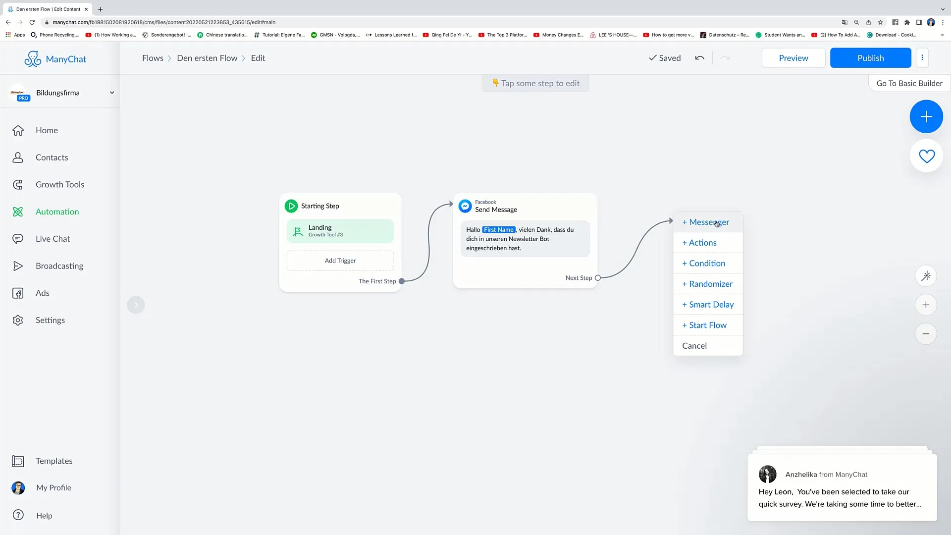 Tak přidáte další kroky do toku vašeho Facebook marketingu