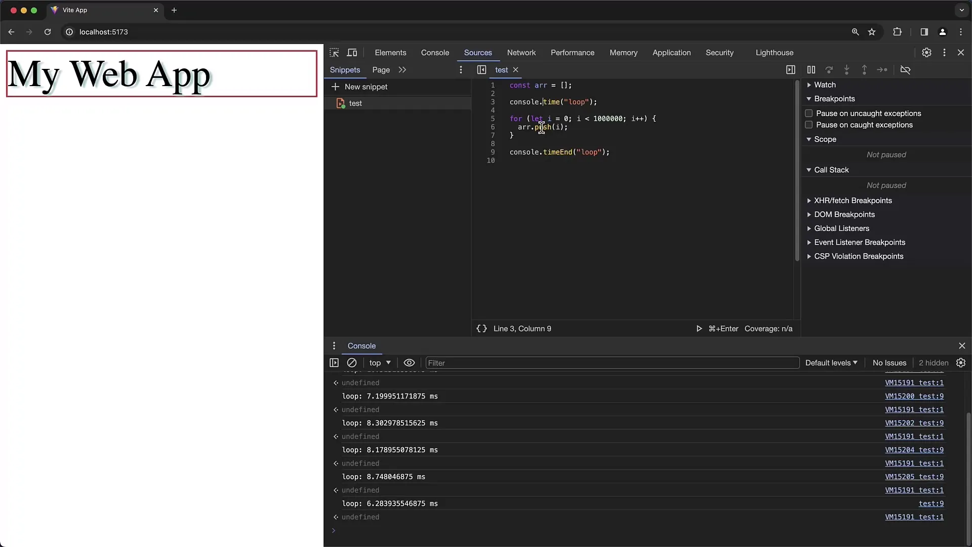 Chrome Developer Tools: Avain snippeteihin ja ajan mittaukseen