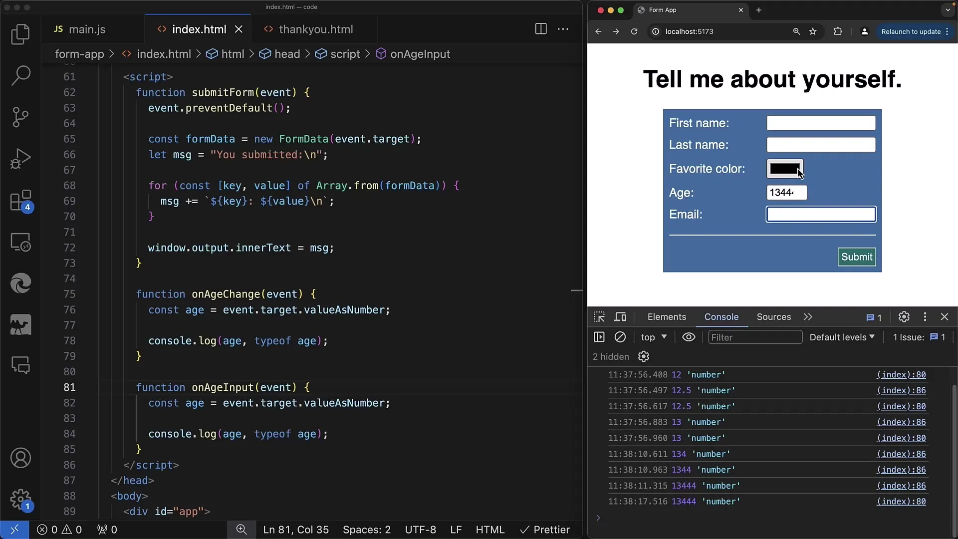 Reaja a alterações nos elementos de entrada com JavaScript