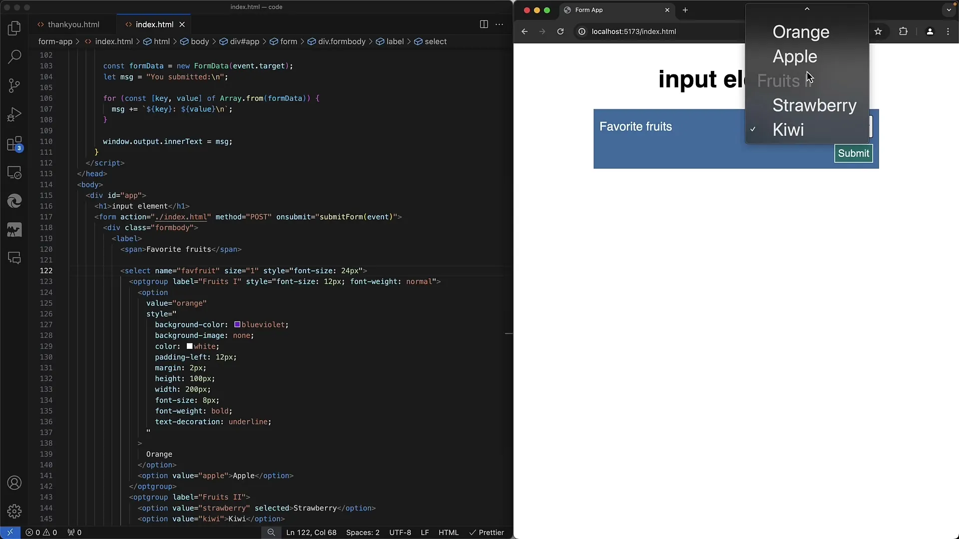 Crear formularios web: Agrupación de las opciones