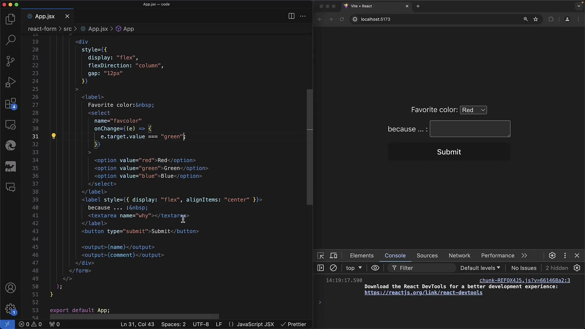 Formulir interaktif di React: pengendali Select dan Textarea