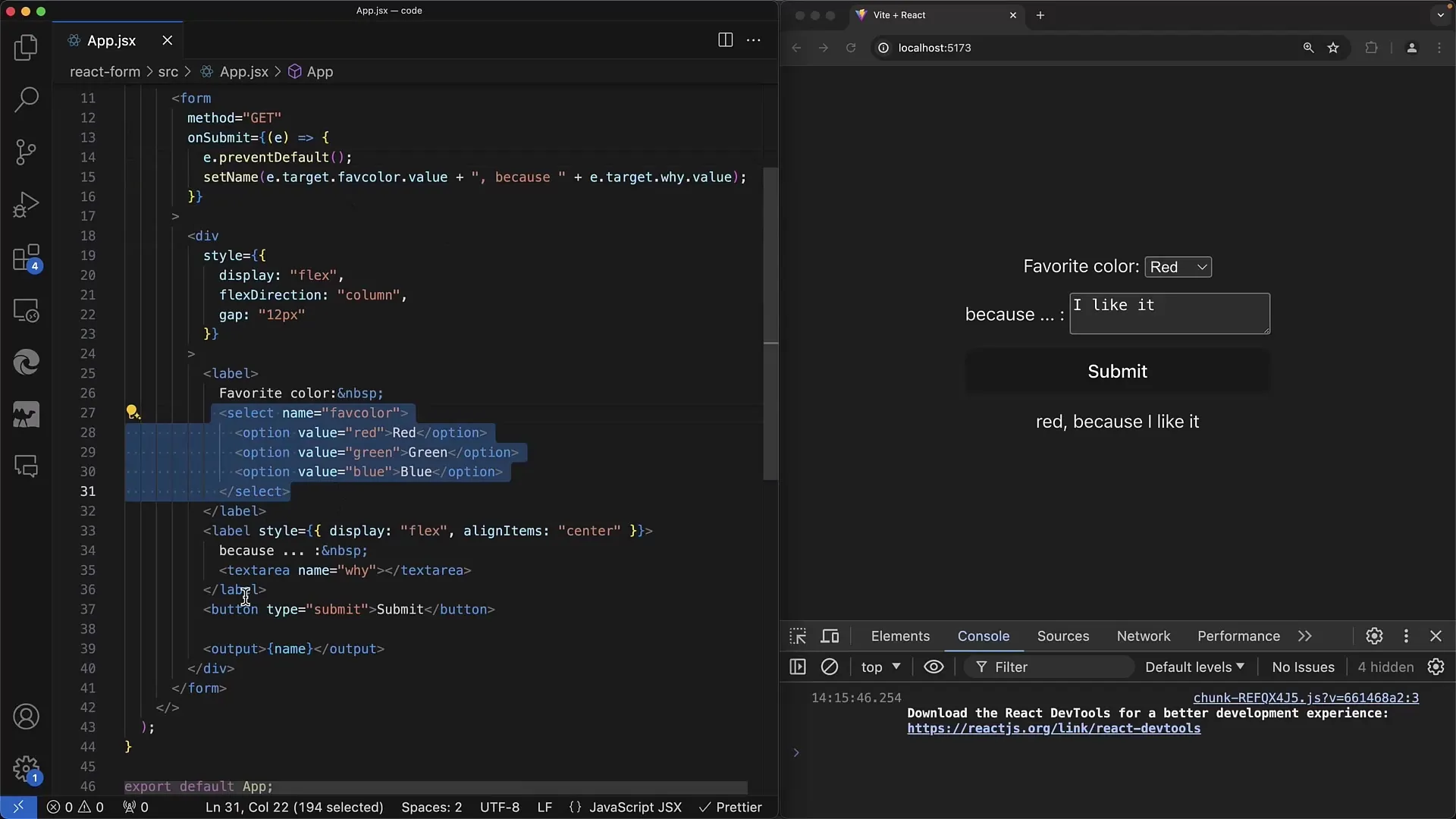 Formulir interaktif dalam React: kontrol pilihan dan teks area
